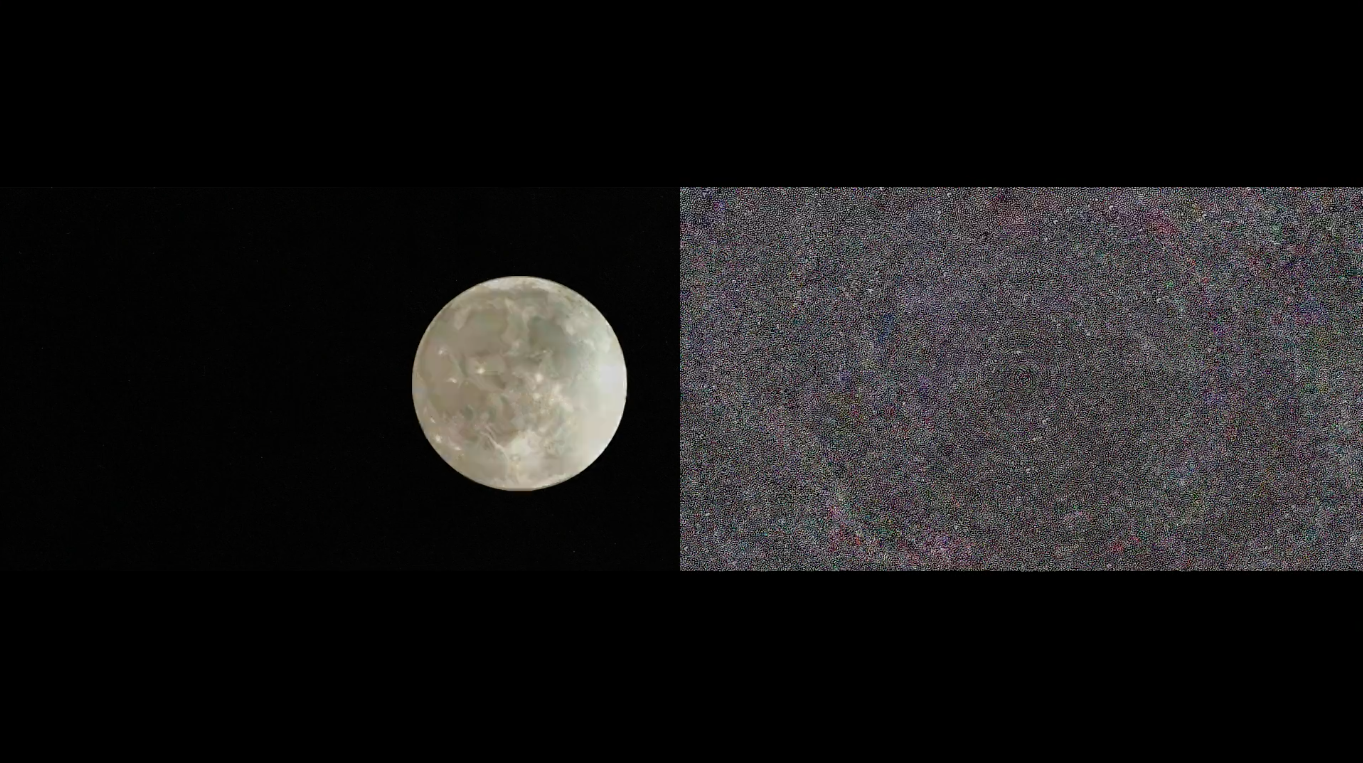 Film still from artist Emilia Izquierdo's experimental Film,BlindLight/WhiteNoise 2016. NASA sounds. Hand drawn animation. Moon with white noise.