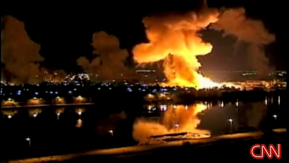 Film still from artist Emilia Izquierdo's experimental Film Crack, 2018. Archival new footage from CNN bombing of Bagdad.