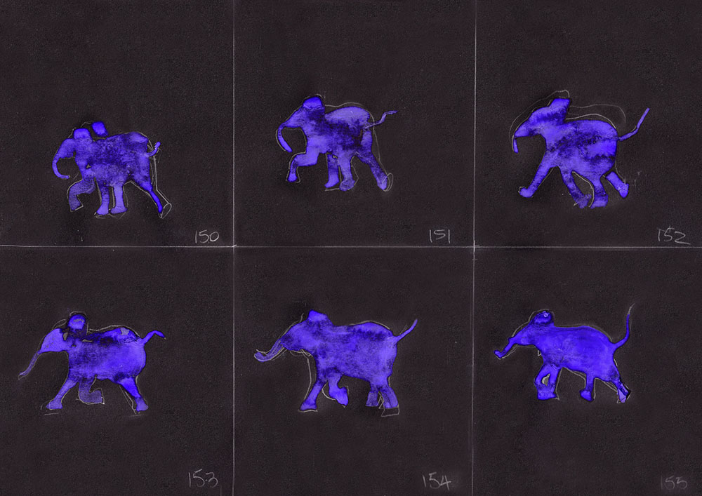 Film still from artist Emilia Izquierdo's experimental Film BlindLight/WhiteNoise 2016. Elephent movements hand drawn animation.